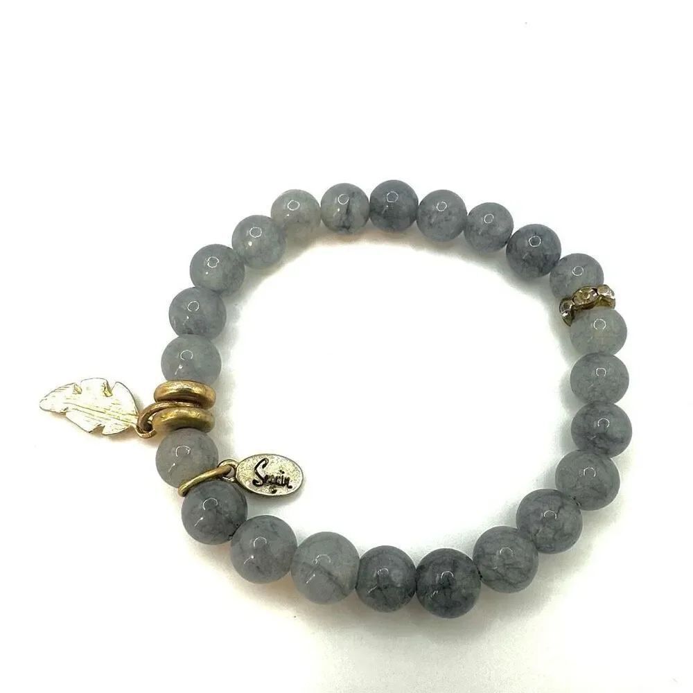 Sequin grey quartz stretchy bracelet with  leaf charm